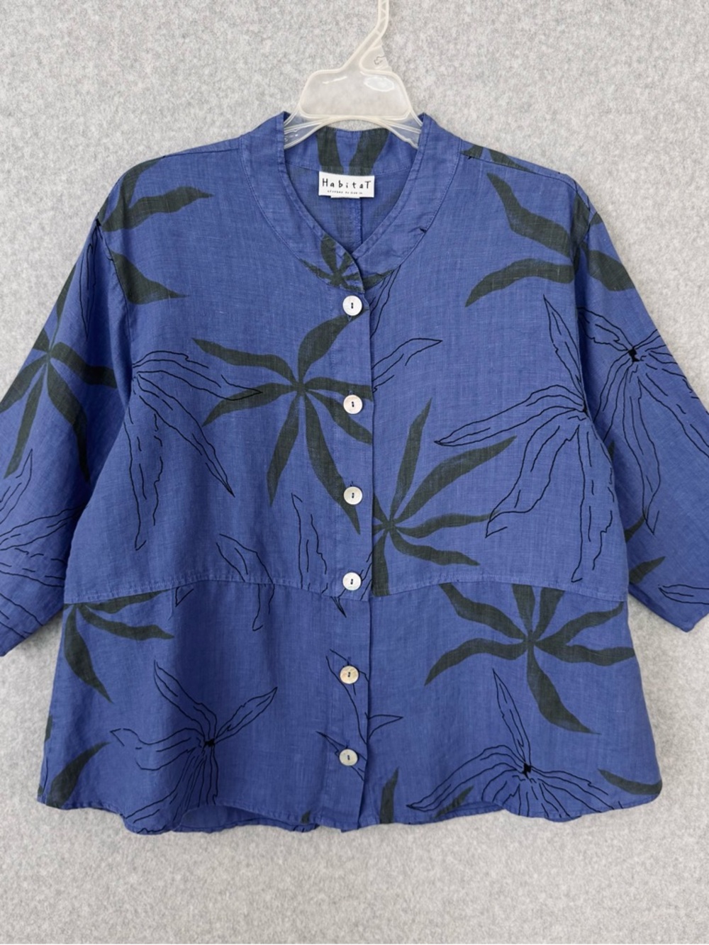 Habitat Womens Linen Floral Button Up Top Shirt Blue Purple Lagenlook Sz Medium